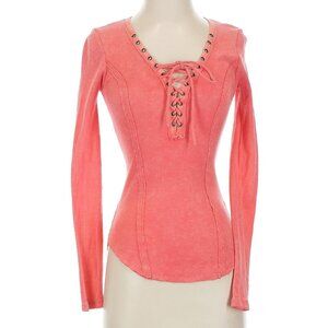 Free People XS Lace Up Long Sleeve Top Orange